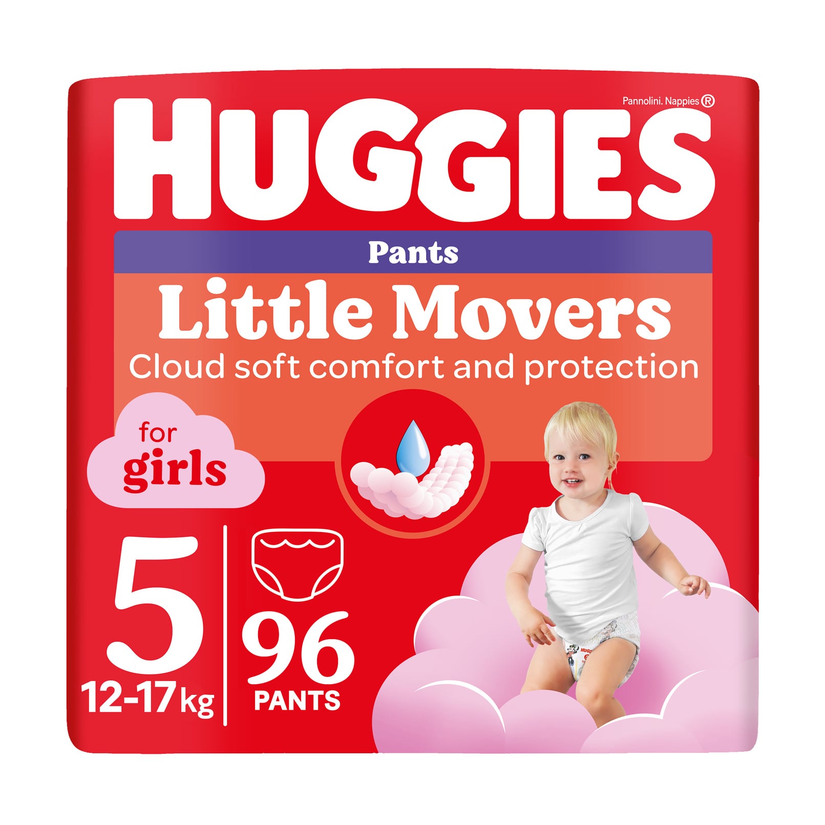 Підгузки-трусики Huggies Little Movers Pants для дівчаток, розмір 5 (12-17 кг), 96 шт